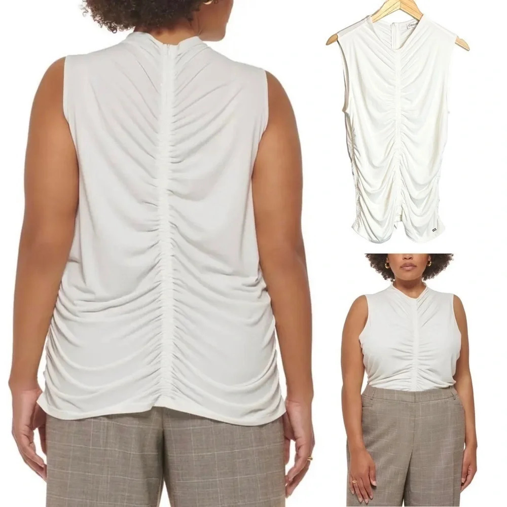 Calvin Klein | Sleeveless Top Blouse Ruched Jersey Stretch White